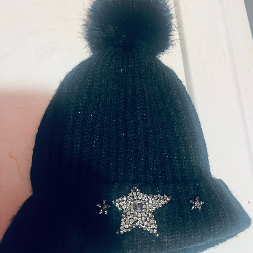 Victoria's Secret Black Knit Hat with Star Embellishments